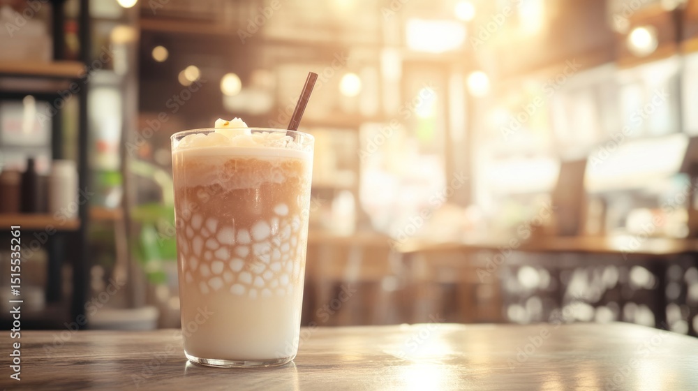 Hot milk tea with tapioca pearls, detailed top layer, blurred background of a modern tea shop. generative ai Hot milk tea with tapioca pearls, detailed top layer, blurred background of a modern tea shop. generative ai