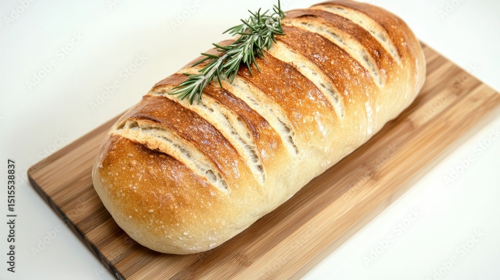 Freshly baked loaf of bread with a sprig of rosemary on a wooden cutting board Freshly baked loaf of bread with a sprig of rosemary on a wooden cutting board