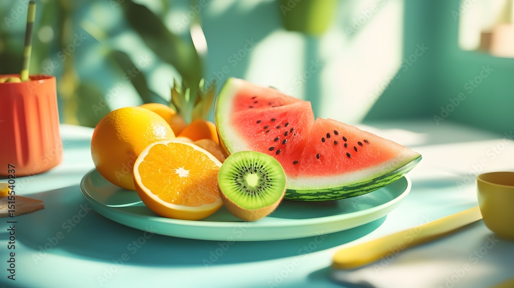Fruit plate with watermelon, kiwi and orange on table close up, Generative AI Fruit plate with watermelon, kiwi and orange on table close up, Generative AI