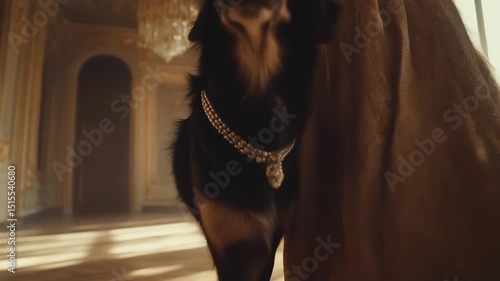 Elegant woman in a golden dress walks with a dog in an opulent mansion during golden hour