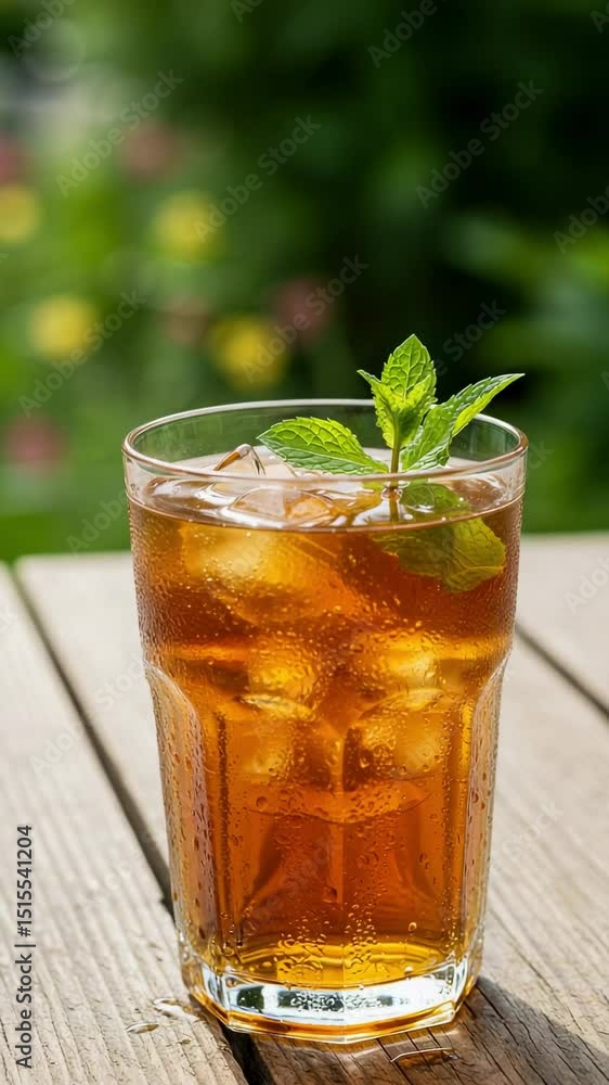 Refreshing Iced Tea Drink with Mint Garnish in Clear Glass on Wooden Table Refreshing Iced Tea Drink with Mint Garnish in Clear Glass on Wooden Table
