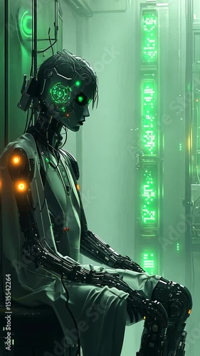 Futuristic humanoid robot in a high-tech lab setting