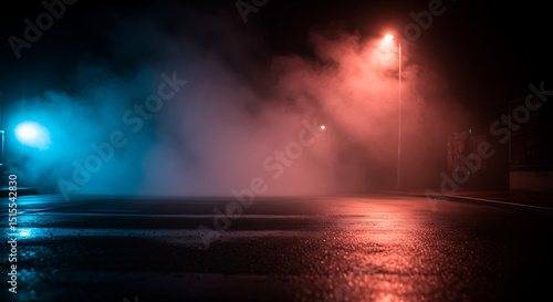 A misty night street scene lit by colored lights.