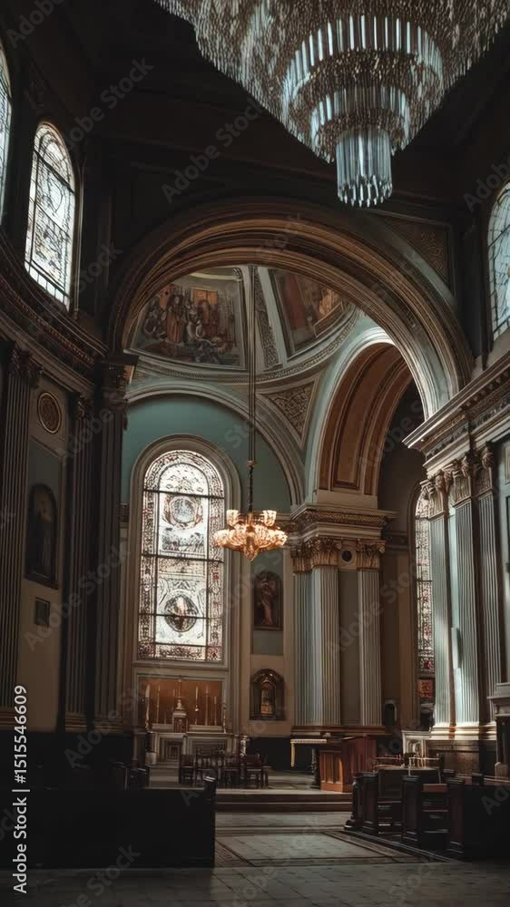 Ornate cathedral interior featuring stained glass windows, columns, arches, murals, and an elegant chandelier, bathed in a soft, atmospheric light. Ornate cathedral interior featuring stained glass windows, columns, arches, murals, and an elegant chandelier, bathed in a soft, atmospheric light.