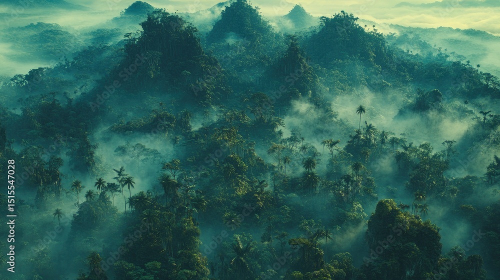 Obraz premium Misty jungle peaks, dense vegetation