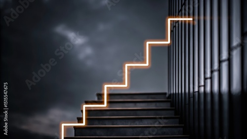 A staircase with a glowing neon outline ascends beside a modern glass wall under a moody, cloudy sky.