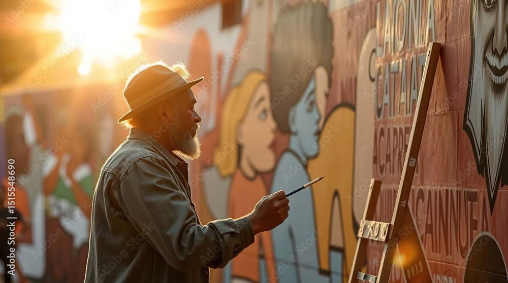 Obraz premium An elderly person paints a mural outdoors, bathed in golden sunlight, creating art on a wall