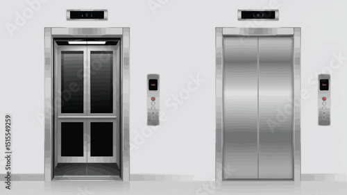 A view of two elevators with one open and one closed in a white walled building with floor indicators