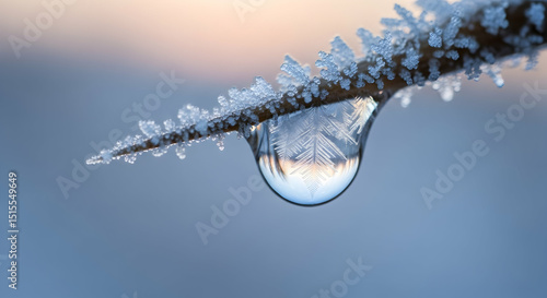 Frozen Water Drop On Branch Capturing Winter's Essence In Detail