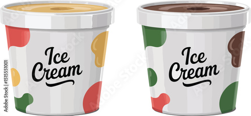 Two ice cream containers with different flavors and colorful designs on a plain background image view