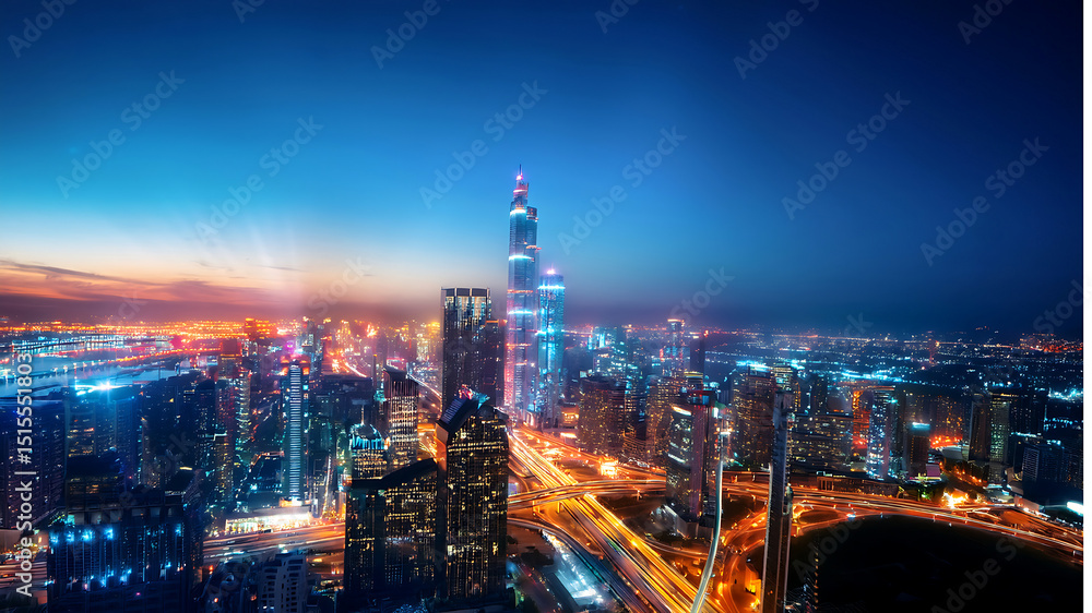 Fototapeta premium Brightly Lit Cityscape at Dusk Showcasing Modern Architecture and Skyline