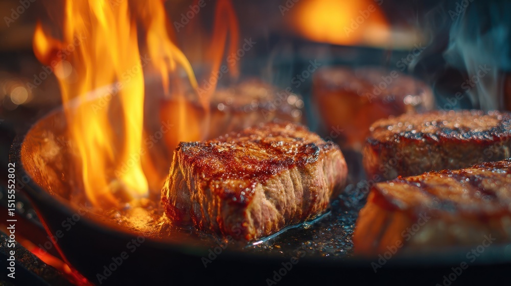 Several steaks are cooking on a grill with flames and smoke. Several steaks are cooking on a grill with flames and smoke.