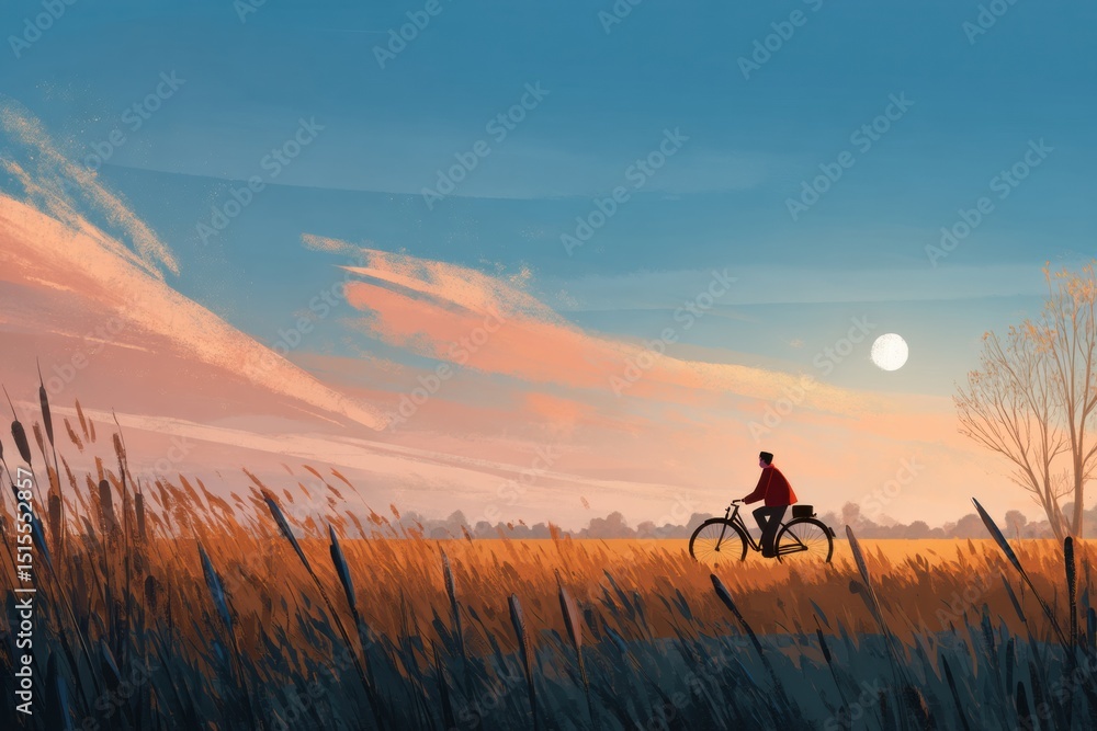 Fototapeta premium Bicycle Ride Through Golden Fields at Sunset With Tranquil Countryside Landscape