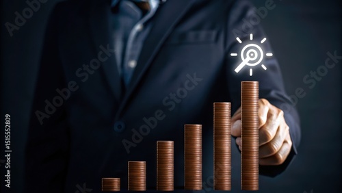 A businessman points at rising stacks of coins, symbolizing financial growth, investment success, and profit optimization.