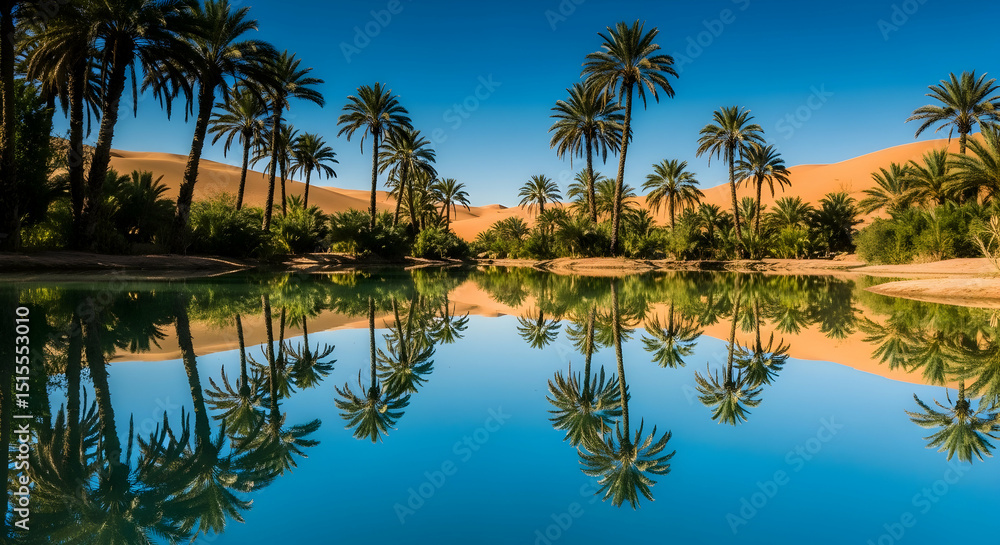 Obraz premium Serene Oasis Reflection Scene In Desert Landscape With Palm Trees