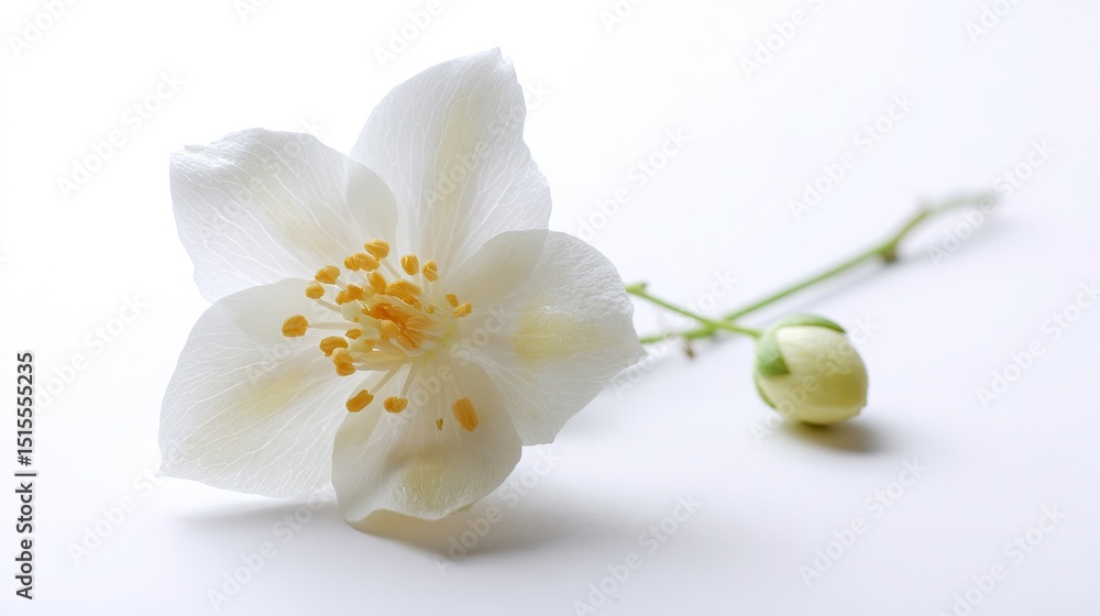 Obraz premium Close-up of small white jasmine with green leaves on clean background. The simple composition features vibrant white petals and fresh green leaves for a minimalist design concept.