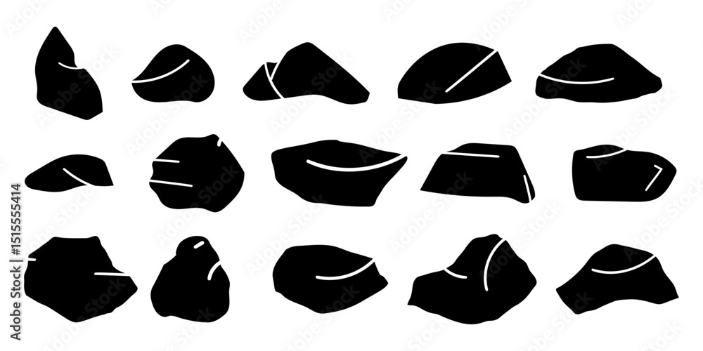 Vector icon symbols of stones and rocks in various shapes, illustrated in black and white silhouettes Vector icon symbols of stones and rocks in various shapes, illustrated in black and white silhouettes