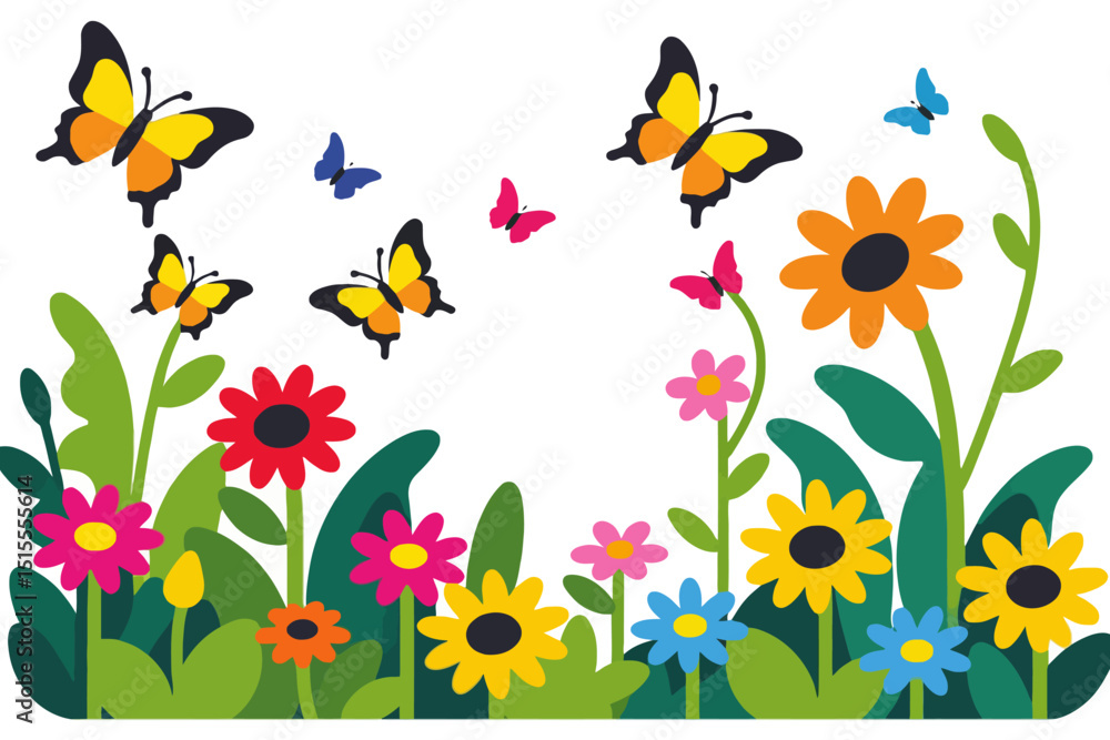 Fototapeta premium Colorful Butterfly Garden Illustration- Whimsical Flowers and Butterflies Design- Perfect for Spring and Summer Projects- Bright and Cheerful Nature Art