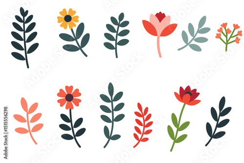 Colorful Floral Vector Illustration - Whimsical Flower and Leaf Design - Perfect for Spring and Summer Decor - Bright and Cheerful Botanical Art - Isolated on White Background