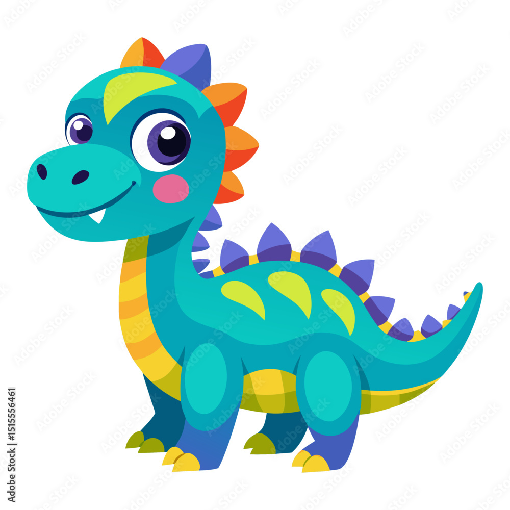 Obraz premium A vibrant, cute cartoon dinosaur with blue-green skin, orange and purple spikes, and large, expressive eyes.