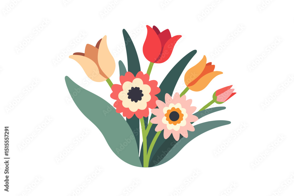 Obraz premium Colorful Spring Flower Bouquet Illustration - Vector Graphic with Tulips and Daisies - Floral Design for Greetings and Invitations - Fresh and Cheerful Flower Arrangement