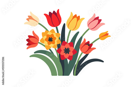 Colorful Spring Flower Bouquet Illustration - Tulips and Daffodils in Bloom - Vibrant Floral Arrangement for Easter and Springtime Designs
