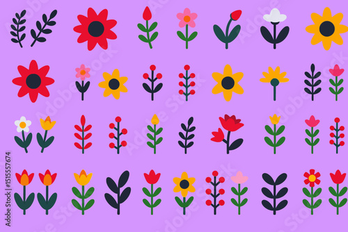 Floral Vector Set- Cute Flowers and Leaves in Various Colors- Perfect for Spring Designs and Botanical Illustrations- Create Beautiful Patterns and Decorations