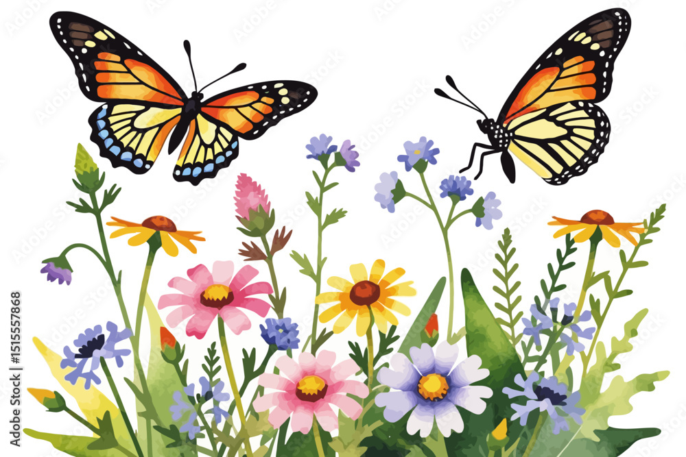 Fototapeta premium Watercolor Butterflies and Wildflowers Illustration - Colorful Meadow with Butterflies and Assorted Flowers - Spring and Summer Theme Botanical Artwork