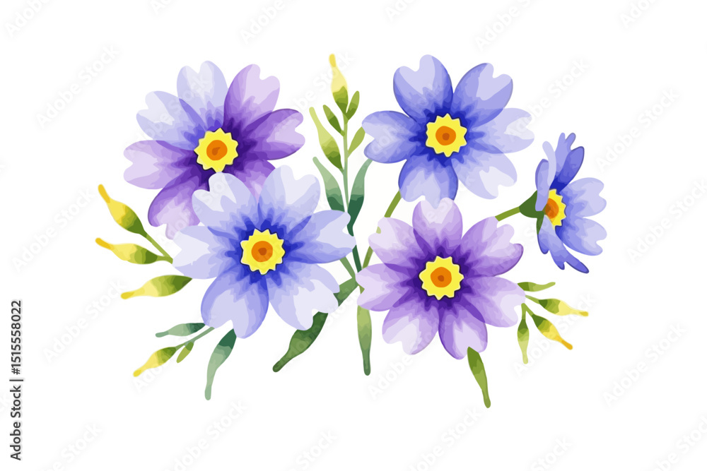 Fototapeta premium Watercolor Floral Illustration - Purple and Blue Flowers with Yellow Centers - Delicate Botanical Design for Spring and Summer Projects - Floral Clipart Image