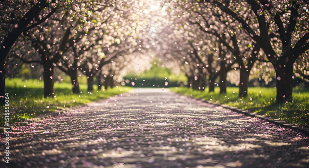 Naklejka premium Enchanting Spring Blossom Canopy Pathway Amidst Nature's Beauty
