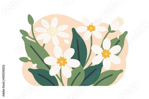 White Daisy Flower Vector Illustration-Floral Design with Green Leaves-Botanical Art for Graphic Projects-Elegant Spring Flower Image