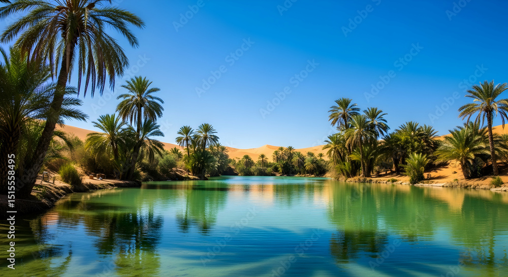 Lush Oasis With Turquoise Water And Palm Trees Thriving Amidst The Arid Desert Landscape Lush Oasis With Turquoise Water And Palm Trees Thriving Amidst The Arid Desert Landscape
