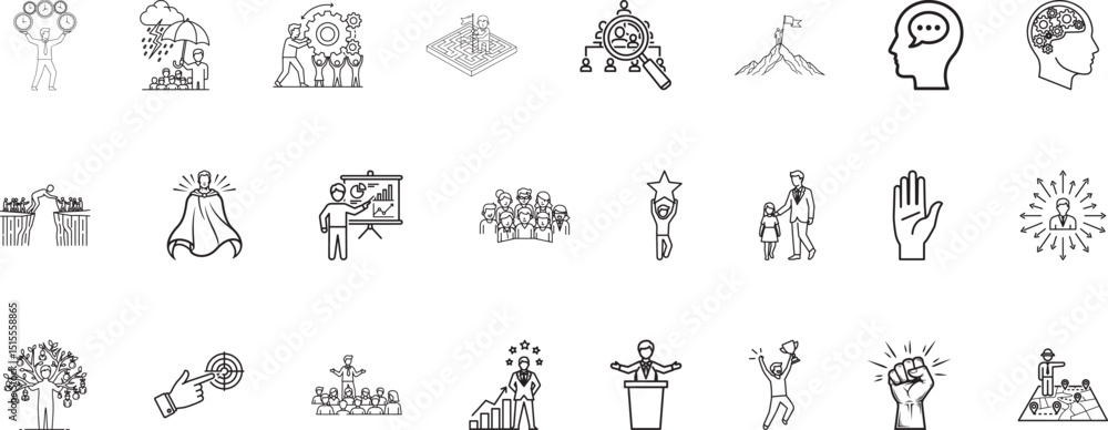 Obraz premium Teamwork & Leadership Icon Set – 25 Line Style Business Motivation Icons for Presentations, Infographics, Web, Coaching, Success, Collaboration & Corporate Design