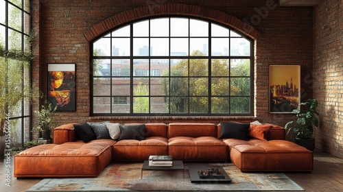 Luxurious Leather Sectional Sofa in Industrial Loft Apartment with City View
