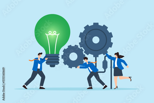 Flat illustration of employees turning giant green ESG lightbulb gear to drive corporate sustainability machine
