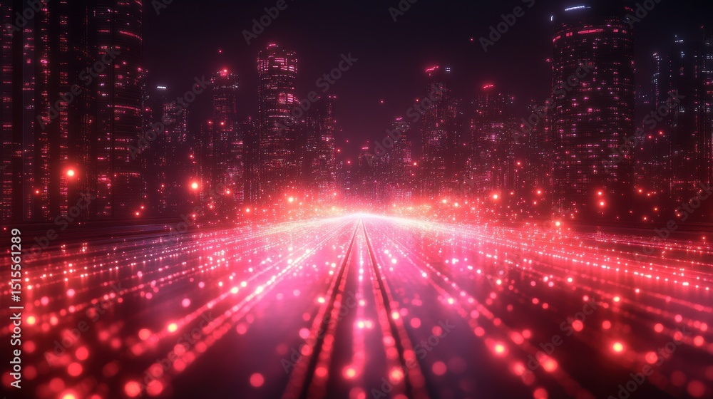 Futuristic Digital Cityscape with Glowing Red Lights Leading into the Horizon in Noir Style Perspective Futuristic Digital Cityscape with Glowing Red Lights Leading into the Horizon in Noir Style Perspective