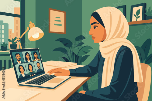 Muslim Woman Remote Working on Video Conference from Home Office