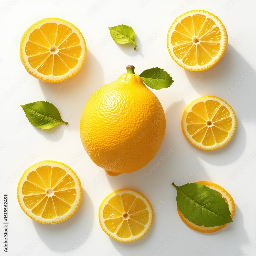 Fototapeta premium Fresh lemon and slices with green leaves arranged on a white background, highlighting vibrant yellow and natural textures.