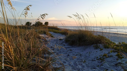 Stunning sand dunes on the beach at sunset  where golden sands glow under a sky painted with vibrant orange  pink  and purple hues