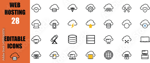 Web hosting and cloud service icons for website design and development vector illustration set of twenty eight