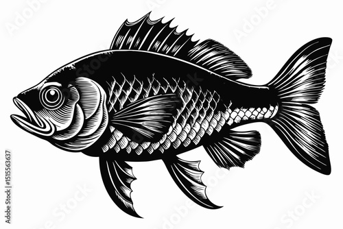 Detailed black and white illustration of a fish showing engraved textures and fine lines