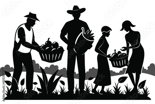 Farmers harvesting apples and greens from the orchard silhouette illustration vector design