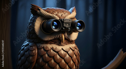 Owl Perched On Branch Looking Through High Tech Binoculars At Night