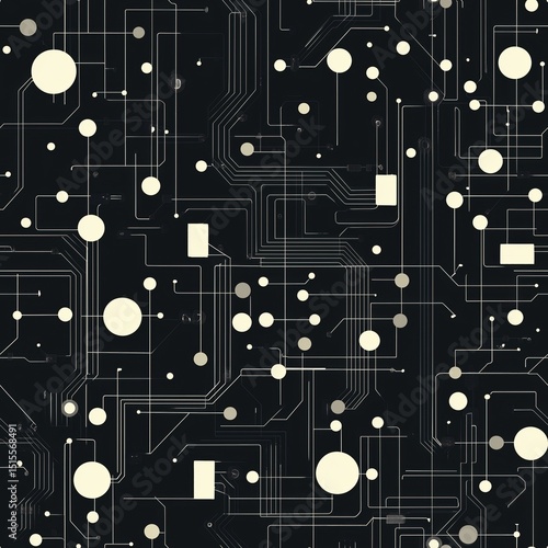 Intricate black and white circuit board pattern. A seamless illustration, ideal for technology, digital systems, and abstract electronic themes.