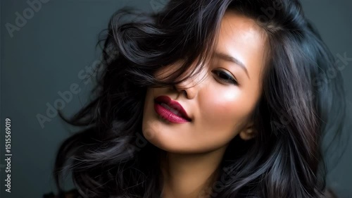 Wallpaper Mural Portrait of a stylish young woman with flowing black hair and red lipstick against a muted gray background, showing natural beauty. Torontodigital.ca