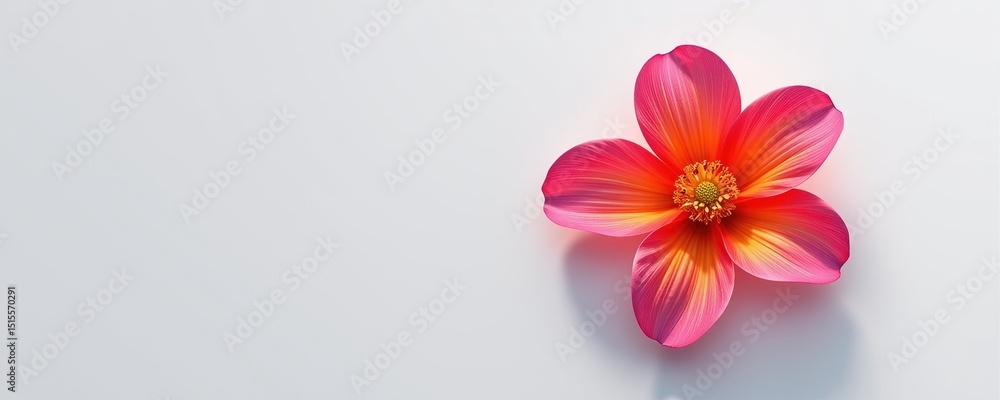 A single vibrant pink and orange flower lies on a clean white background, highlighting its vivid colors and delicate structure. A single vibrant pink and orange flower lies on a clean white background, highlighting its vivid colors and delicate structure.