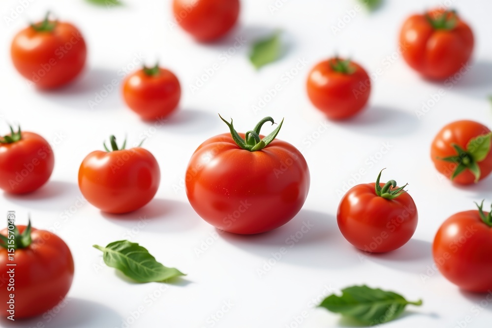 Fresh red tomatoes and basil leaves scattered on a white background. Fresh red tomatoes and basil leaves scattered on a white background.