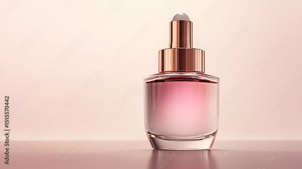 A rose-hued serum bottle with a rose gold dropper sits on a pale pink surface against a soft, light pink background. The glass bottle is slightly curved with a rounded base A rose-hued serum bottle with a rose gold dropper sits on a pale pink surface against a soft, light pink background. The glass bottle is slightly curved with a rounded base