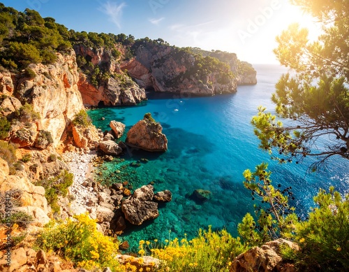 Coastal scenery, vibrant colors, sunny day