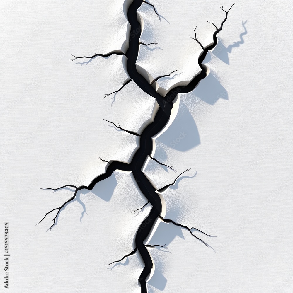 Fototapeta premium A jagged black crack splits a white surface, with branching fractures and sharp shadows, resembling damage or an earthquake fissure.